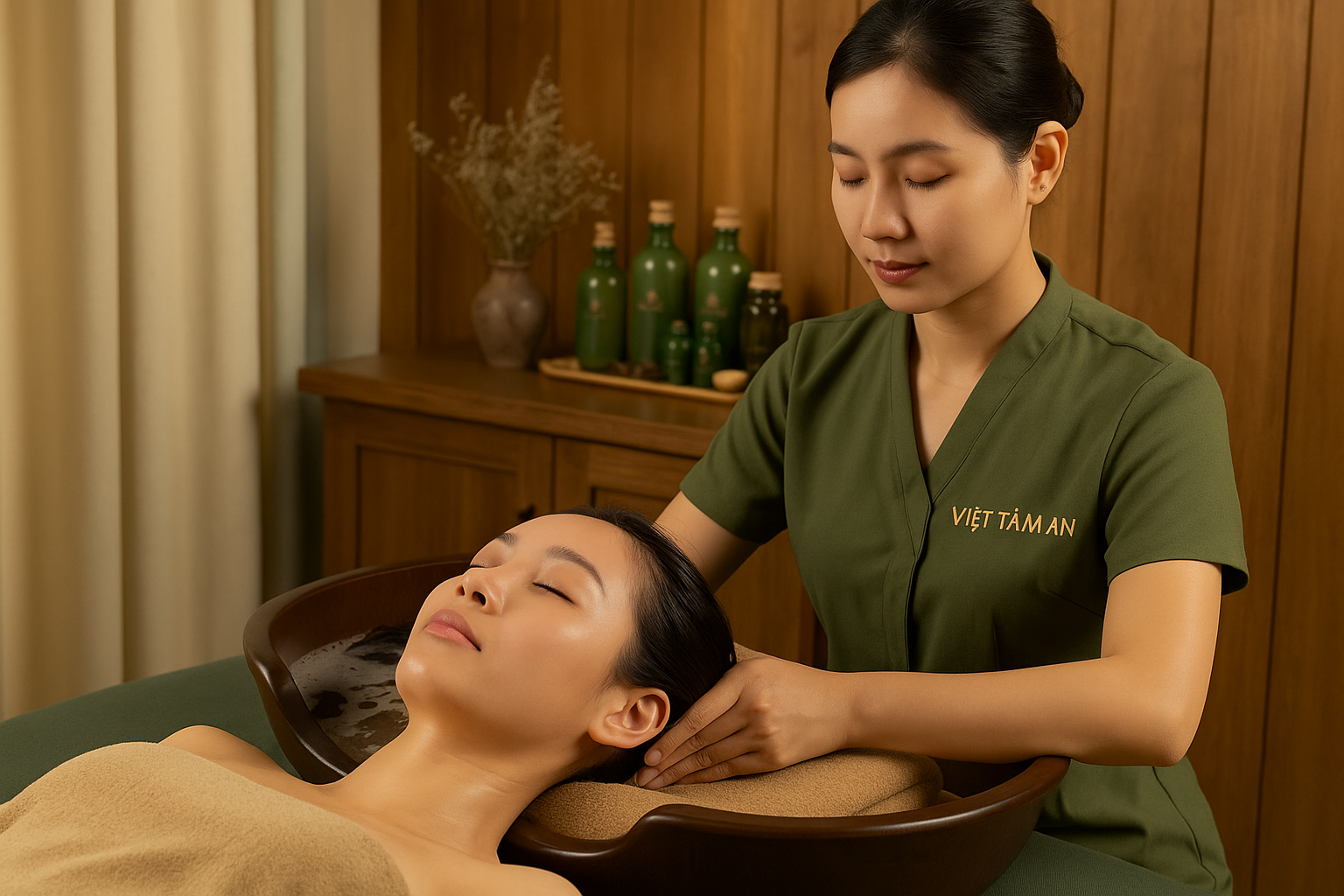 Hình ảnh minh họa liệu pháp gội đầu dưỡng sinh kết hợp chăm sóc cổ vai gáy tại Việt Tâm An