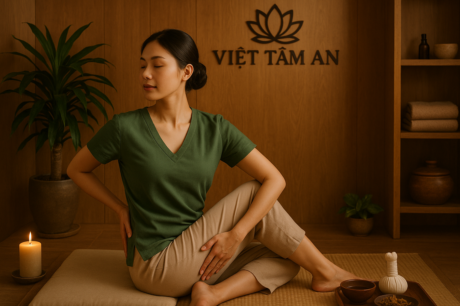 Người phụ nữ đang thực hiện bài tập dưỡng sinh nhẹ nhàng để giảm đau lưng tại nhà