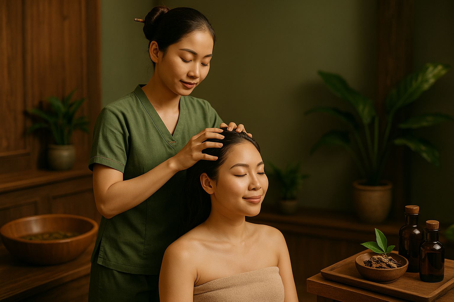 Phụ nữ đang được gội đầu dưỡng sinh tại spa Việt Tâm An
